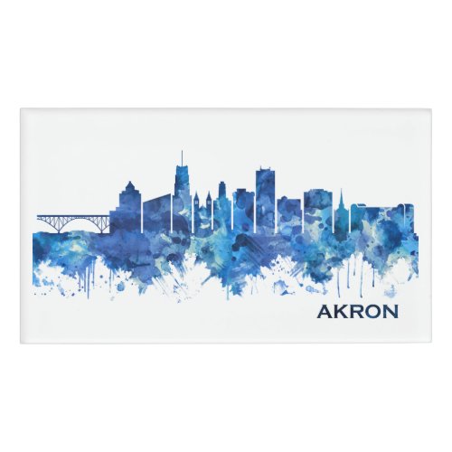 Akron Ohio Skyline Blue Name Tag