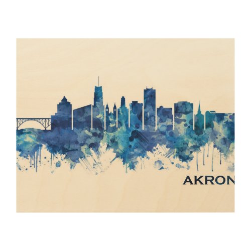 Akron Ohio Skyline Blue Wood Wall Art