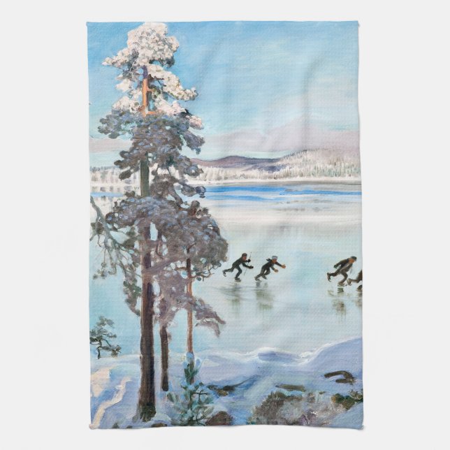 Akseli Gallen-Kallela - Skaters near Kalela Shore Kitchen Towel (Vertical)