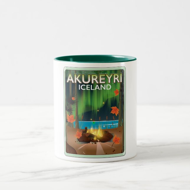 Akureyri Iceland travel poster Two-Tone Coffee Mug (Center)