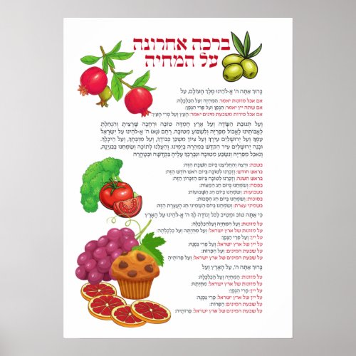 Al haMichya Hebrew Blessing After Food Colorful Poster