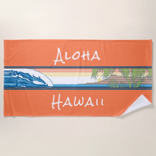 Ala Moana Diamond Head Hawaiian Surf Sign _ Orange Beach Towel