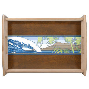 Ala Moana Hawaiian Faux Koa Wood Surf Sign Serving Tray