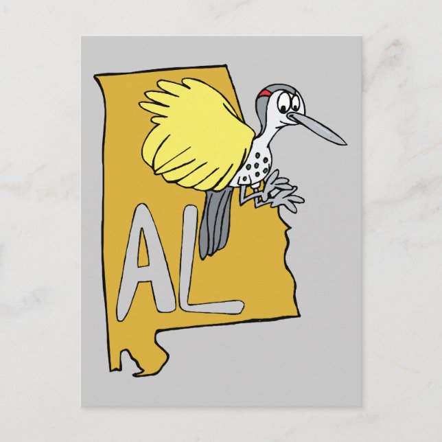 Alabama AL Map & Yellowhammer Woodpecker Cartoon Postcard (Front)