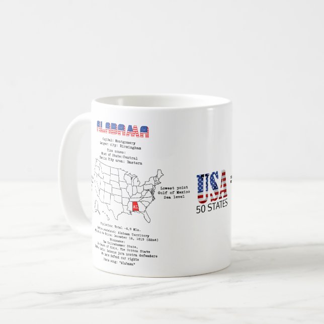 Alabama American state on a map and useful info Coffee Mug (Front Left)