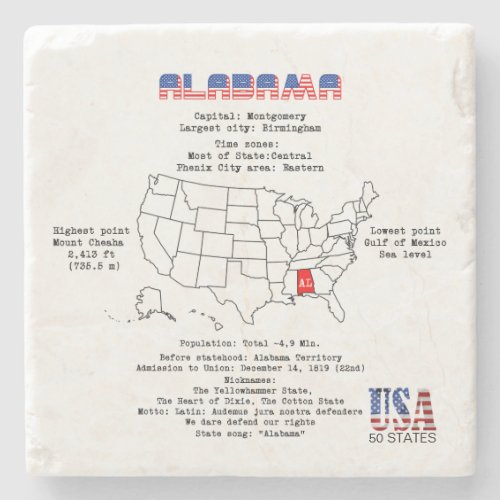 Alabama American state on a map and useful info Stone Coaster