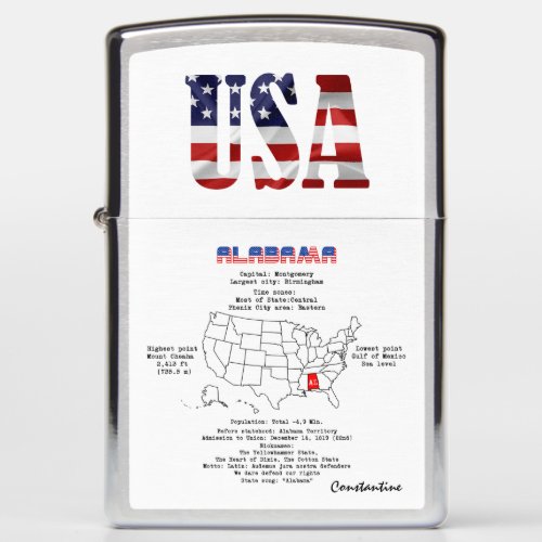 Alabama American state on a map and useful info Zippo Lighter