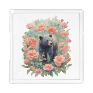 Alabama Black Bear Cub Surrounded by Camellia Acrylic Tray
