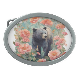 Alabama Black Bear Cub Surrounded by Camellia Belt Buckle