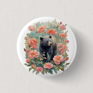 Alabama Black Bear Cub Surrounded by Camellia Button