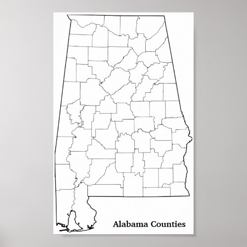 Alabama Counties Blank Outline Map Poster