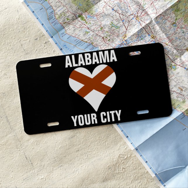 Alabama Custom Personalized Flag Heart Your CIty License Plate (In Situ)