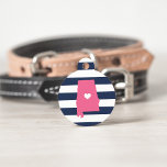 Alabama Heart Pet ID Tag<br><div class="desc">Let your furry friend show some home state pride with this cute Alabama ID tag. Design features a white silhouette map of the state of Alabama in pink with a white heart inside, on a preppy navy blue and white stripe background. Add your pet's name and contact information to the...</div>