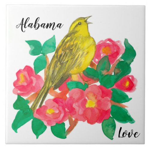 Alabama Love Yellowhammer Camellia Flowers Ceramic Tile