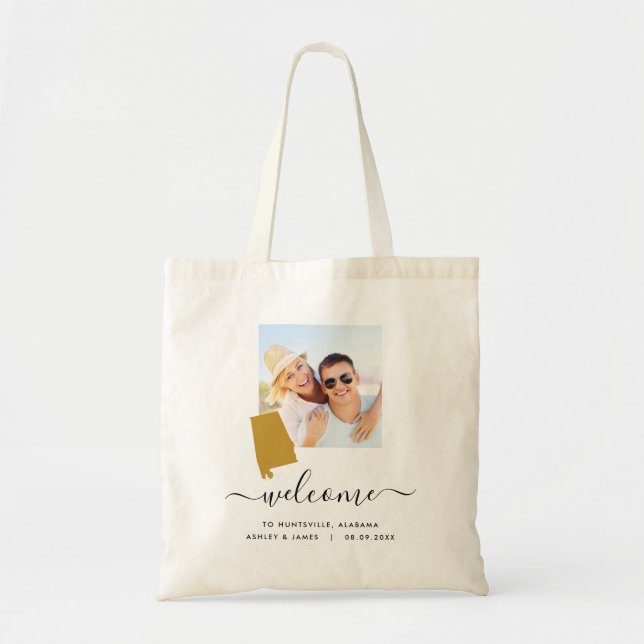 Alabama Map Photo Wedding Welcome Tote Bag (Front)