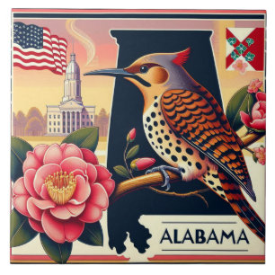 Alabama Northern Flicker Bird & Camellia Flower Ceramic Tile
