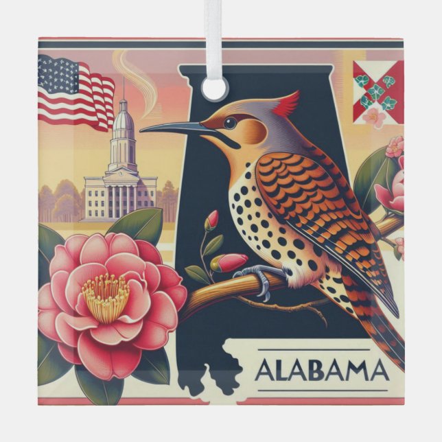 Alabama Northern Flicker Bird & Camellia Flower Glass Ornament (Front)