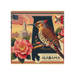 Alabama Northern Flicker Bird & Camellia Flower Wood Wall Art