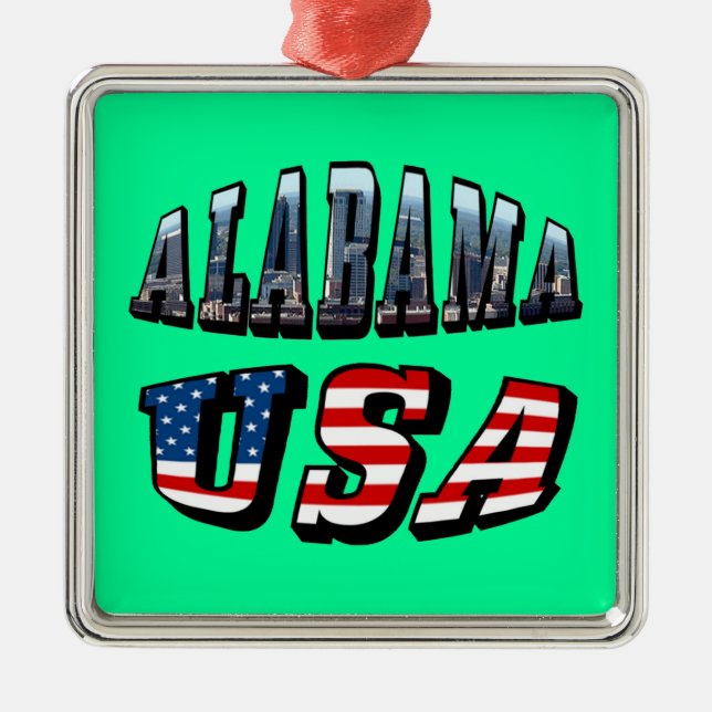 Alabama Picture and USA Flag Font Metal Ornament (Front)