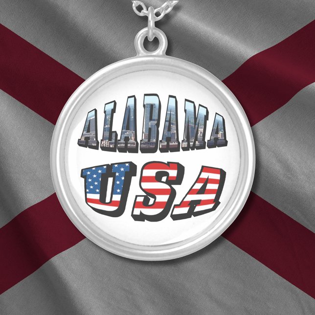 Alabama Picture and USA Flag Font Silver Plated Necklace (Alabama Picture and USA Flag Font Silver Plated Necklace)