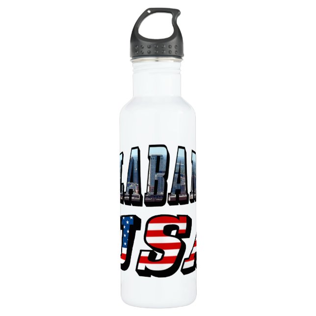 Alabama Picture and USA Flag Font Water Bottle (Front)