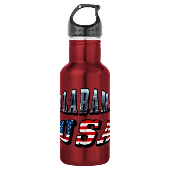 Alabama Picture and USA Flag Font Water Bottle (Front)