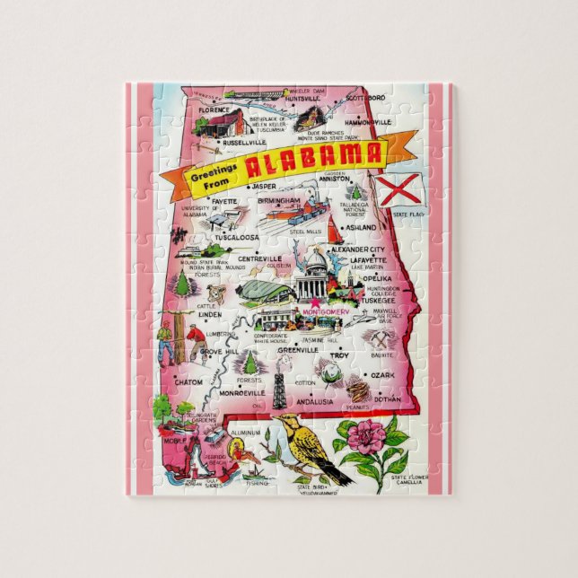 Alabama Postcard Map Jigsaw Puzzle (Vertical)