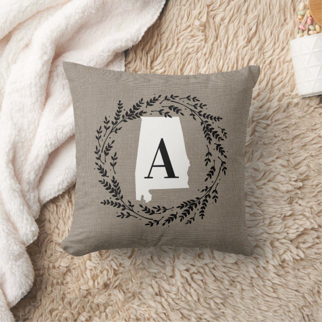 Alabama Rustic Wreath Monogram Throw Pillow (Blanket)