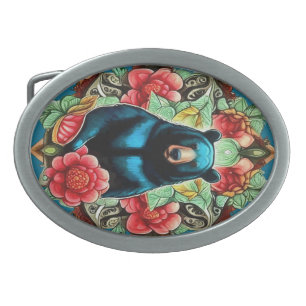 Alabama State Black Bear Surrounded by Camellia Belt Buckle