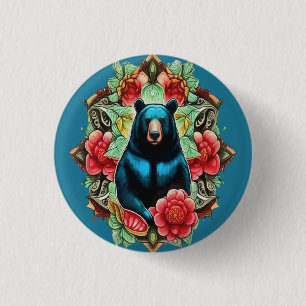 Alabama State Black Bear Surrounded by Camellia Button