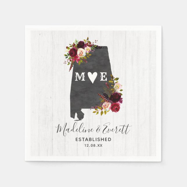 Alabama State Destination Rustic Wedding Monogram Paper Napkins (Front)