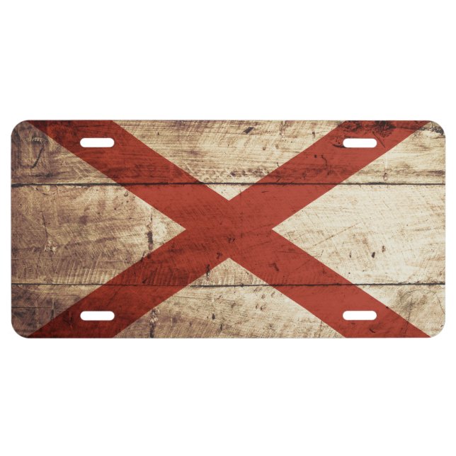Alabama State Flag on Old Wood Grain License Plate (Front)