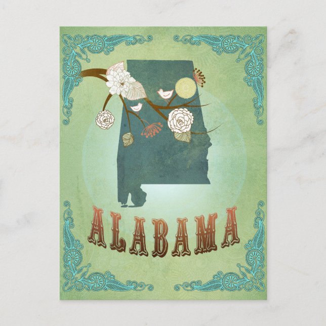 Alabama State Map – Green Postcard (Front)