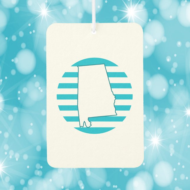 Alabama State Outline Blue Retro Circle Air Freshener (An air freshener with an outline of the US state of Alabama and a blue retro circle.)