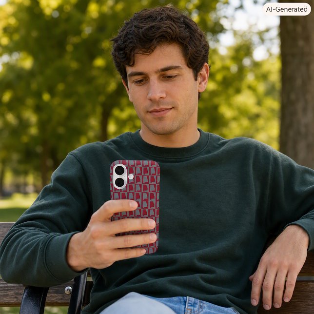 Alabama State Silhouette Checkered Pattern in Deep Case-Mate iPhone Case (A phone case with a red and gray pattern featuring the state of Alabama)