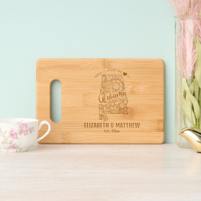 Alabama state wedding couple names date married engraved cutting board (Upright)