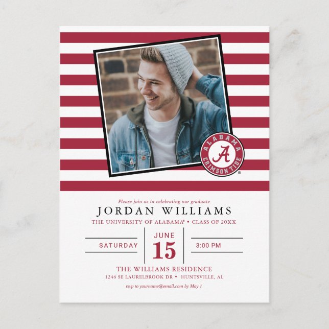 Alabama Striped Graduation Announcement Postcard (Front)