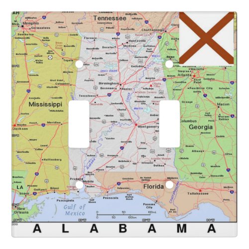 Alabama  Topographic  Relief Map With Flag Light Switch Cover