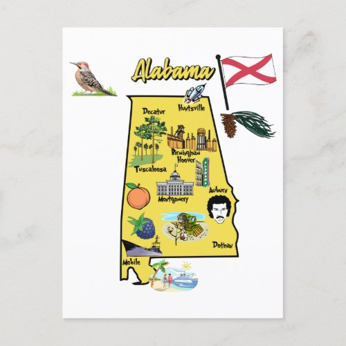 Alabama tourist map with landmarks postcard