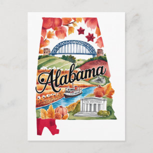 Alabama USA State Shaped Vintage Watercolor Postcard