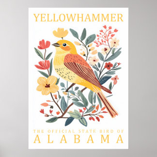 Alabama Yellowhammer State Bird Botanical Vintage Poster