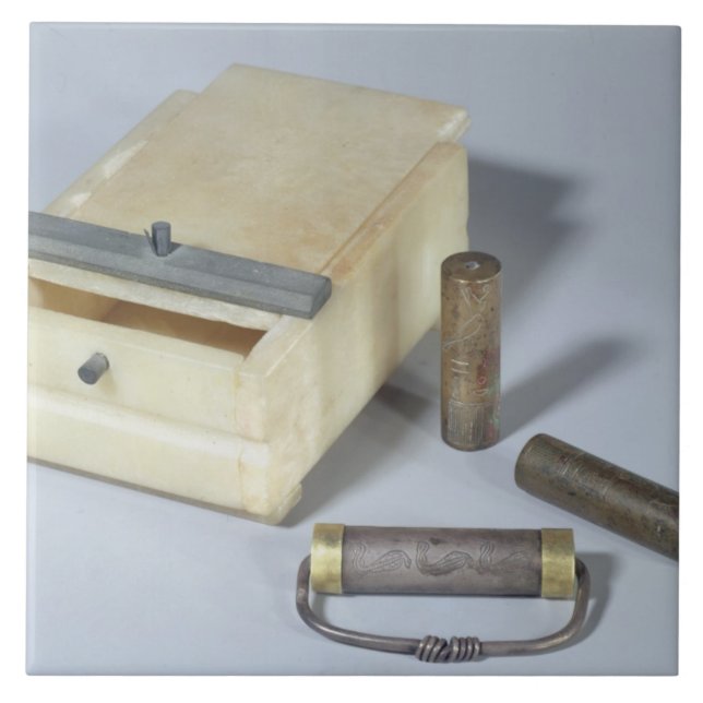 Alabaster box and bronze and silver seal cylinders ceramic tile (Front)