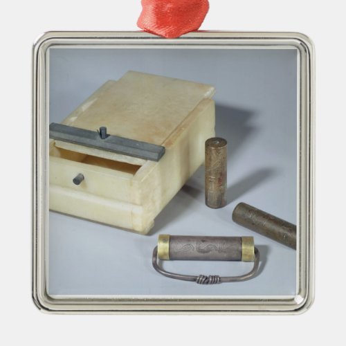 Alabaster box and bronze and silver seal cylinders metal ornament