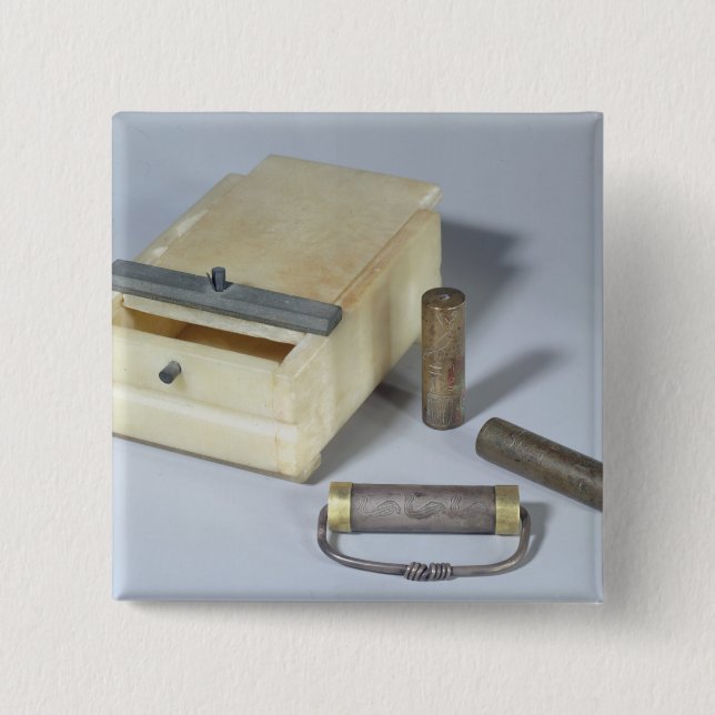 Alabaster box and bronze and silver seal cylinders pinback button (Front)