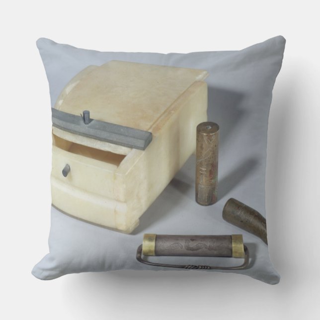 Alabaster box and bronze and silver seal cylinders throw pillow (Front)