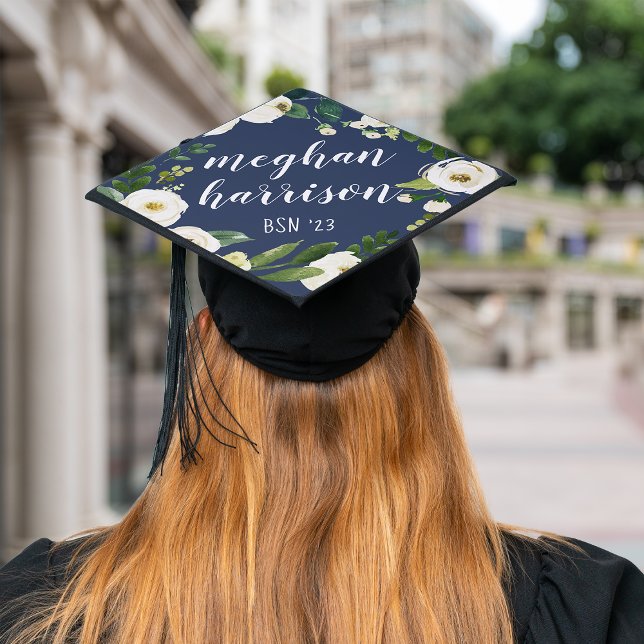 Alabaster Floral | Custom Name and Class Year Graduation Cap Topper (Creator Uploaded)