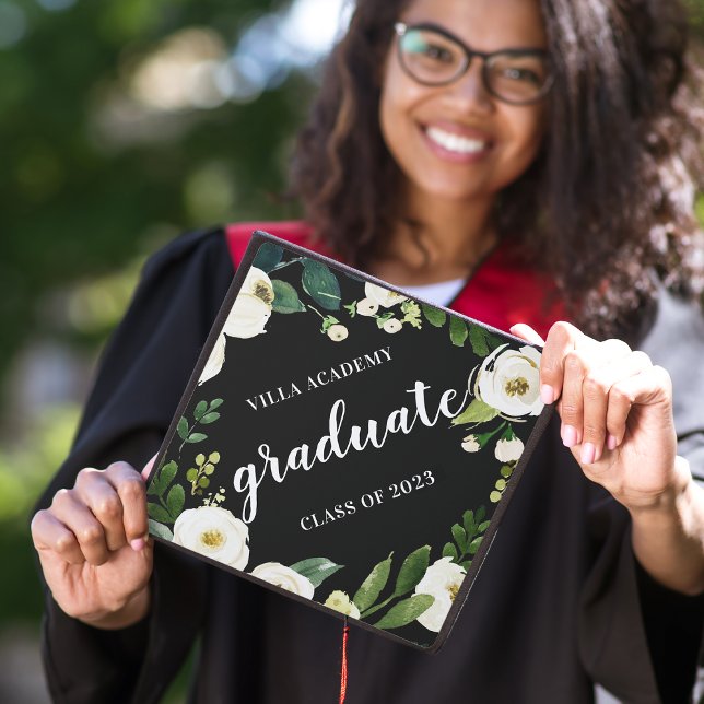 Alabaster Floral | Custom School Name & Class Year Graduation Cap Topper (Creator Uploaded)