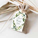 Alabaster Floral Frame | Wedding Favor Gift Tags<br><div class="desc">Attach these elegant botanical tags to your wedding favors to say thank you to guests in chic style. White tags feature a geometric border of lush watercolor greenery and white flowers, framing "love and thanks" and your names and wedding date in gray. All text is editable for ultimate customization. Designed...</div>