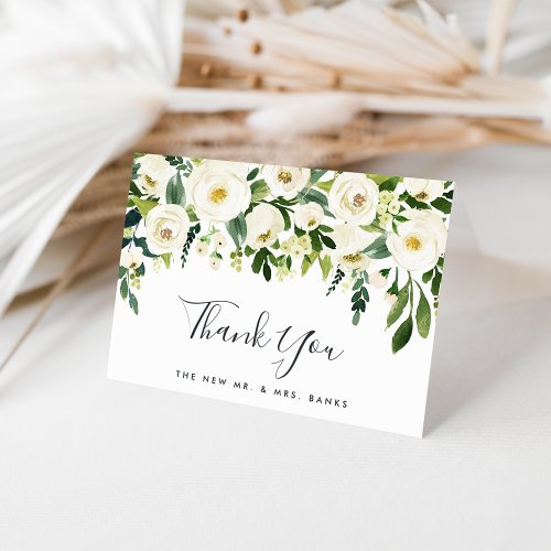 Alabaster Floral  Green  White Watercolor Thank You Card