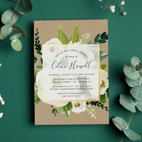 Alabaster Floral Kraft Bridal Shower Gold Foil Invitation